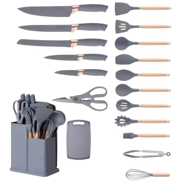 SH01 - Kit 19 Pçs De Utensílios Facas Silicone e Plástico Cozinha Jogo Completo Batedeira Colher Pegador - Imagem 3