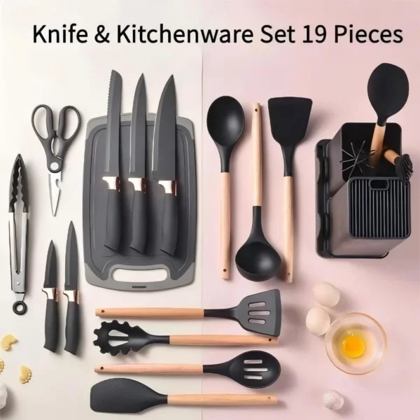 SH01 - Kit 19 Pçs De Utensílios Facas Silicone e Plástico Cozinha Jogo Completo Batedeira Colher Pegador - Imagem 4