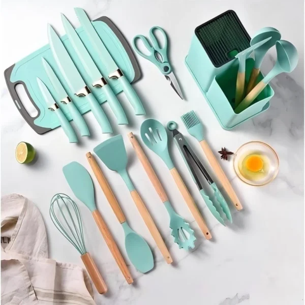 SH01 - Kit 19 Pçs De Utensílios Facas Silicone e Plástico Cozinha Jogo Completo Batedeira Colher Pegador - Imagem 5