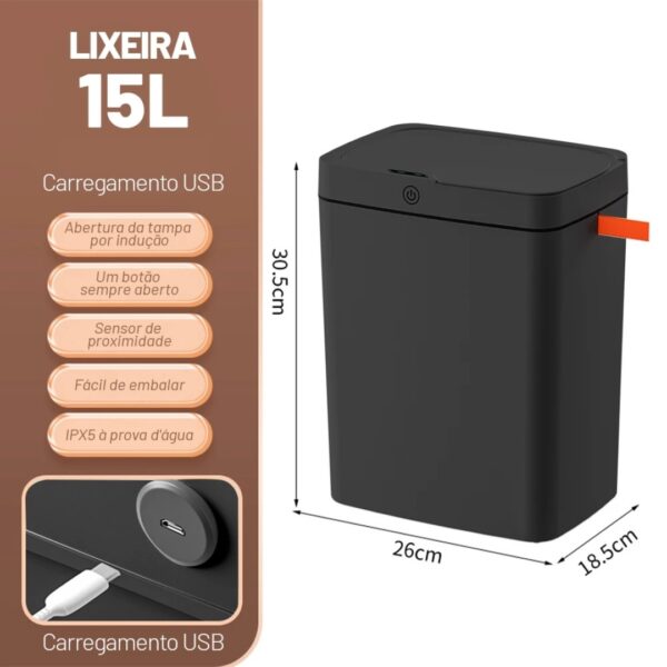 Lixeira USB 15L recarregável com sensor automático inteligente para quarto, banheiro, cozinha