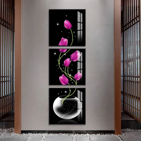 Quadro Decorativo 3 peças modular vaso com tulipas roxas flores arte pintura varanda corredor versão vertical decoração casa