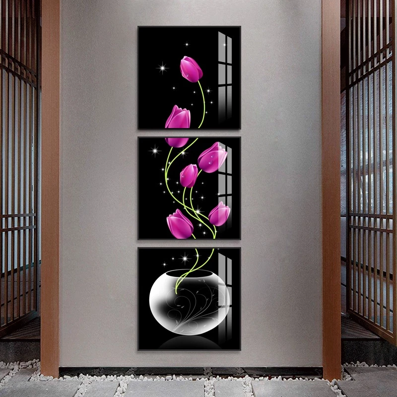 Quadro Decorativo 3 peças modular vaso com tulipas roxas flores arte pintura varanda corredor versão vertical decoração casa
