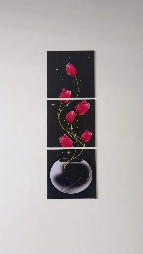 SH14 - Quadro Decorativo 3 peças modular vaso com tulipas roxas flores arte pintura varanda corredor versão vertical decoração casa - Imagem 3