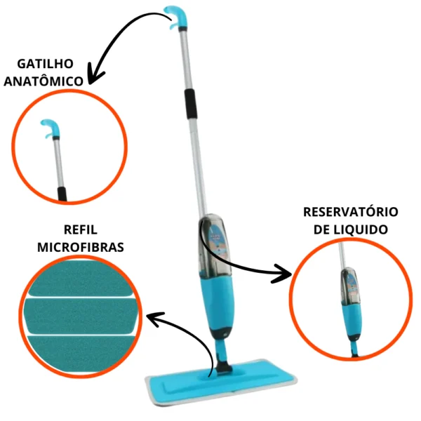 SH28 - Mop Spray Mágico Esfregão C/ 3 Refis Microfibra Reservatório Limpeza - Imagem 3