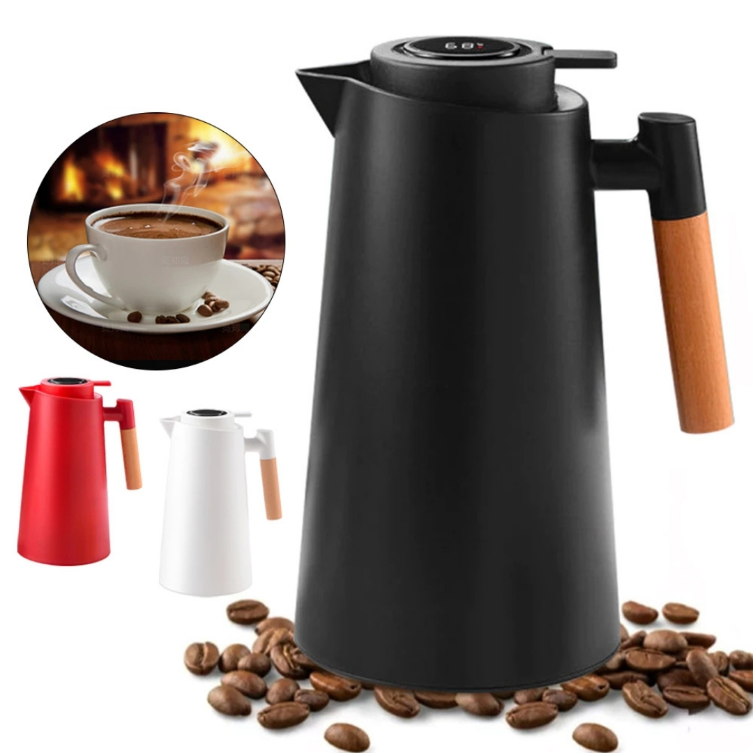 KIT1/KIT2 Garrafa Térmica 1 Litro Com Termômetro Led Para Chás / Café Design Moderno Cabo Em Madeira