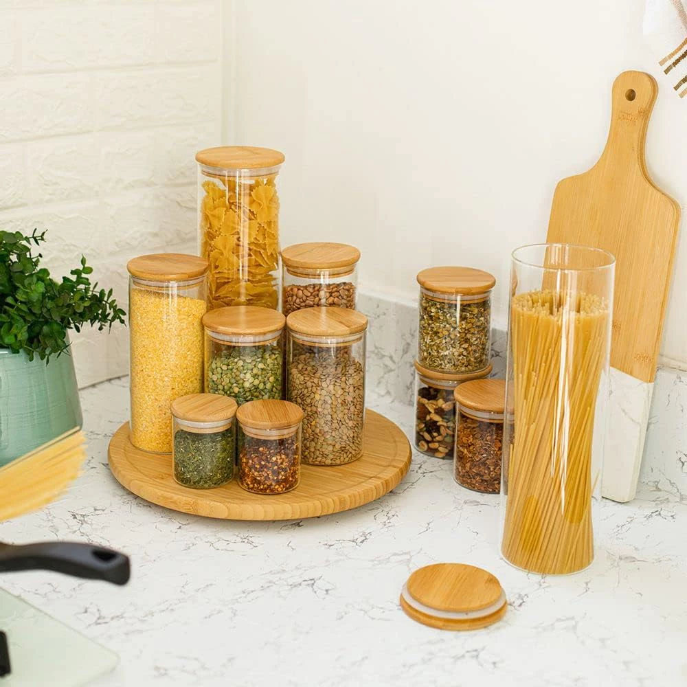 Kit Conjunto de Potes Herméticos De Vidro Com Tampa de Bambu