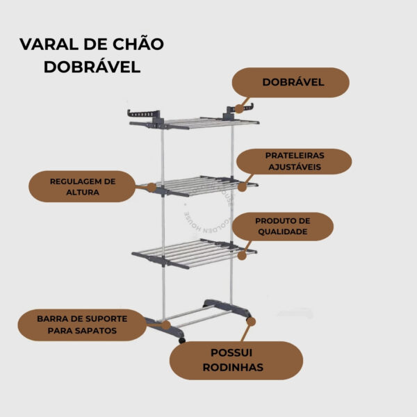 SH93 - Varal De Chão Prateleiras 3 Andares Dobrável - Imagem 3