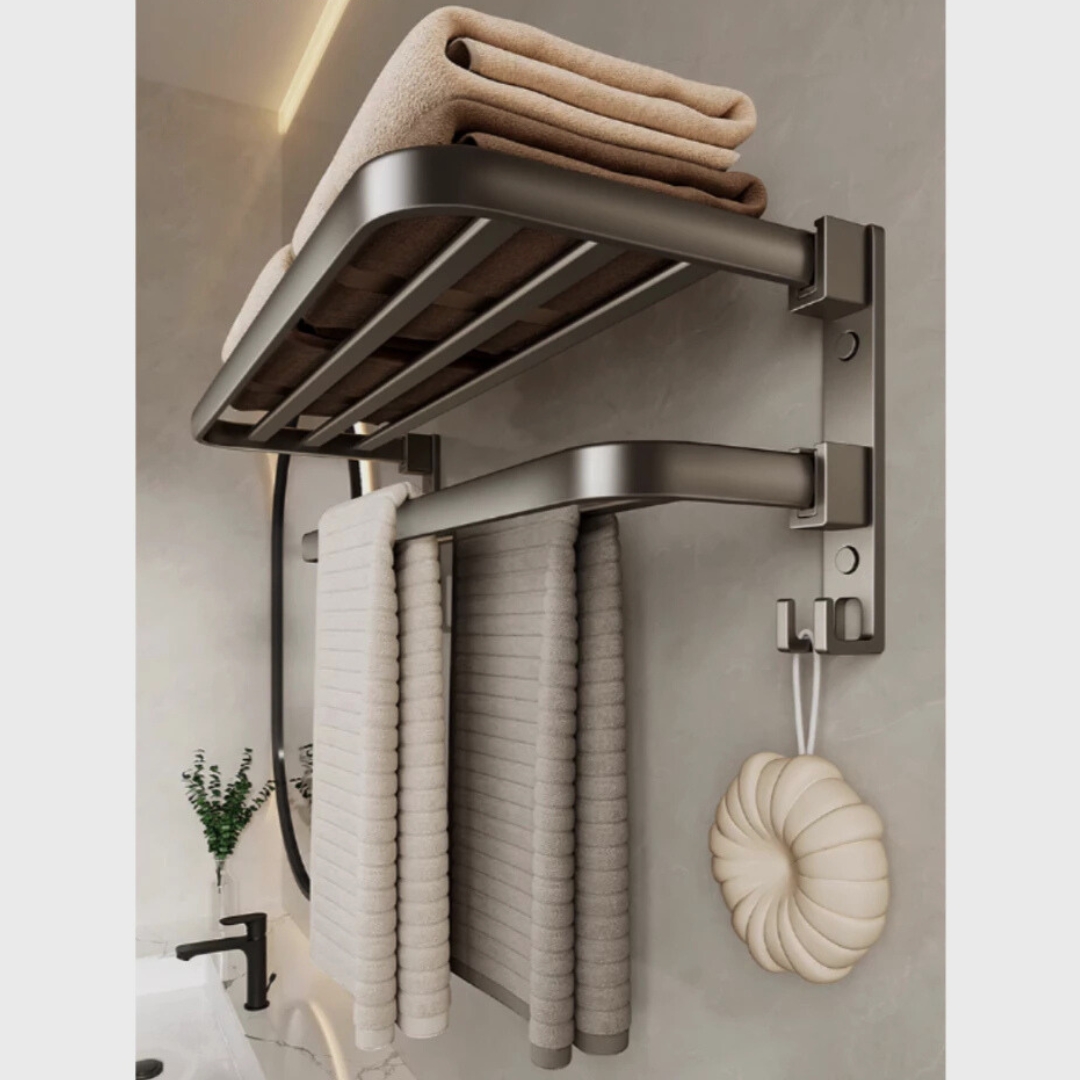 Porta Toalha Suporte Toalheiro Banheiro Duplo Aço Inox Premium Retratil 90° Sem adesivos, precisa fazer furos