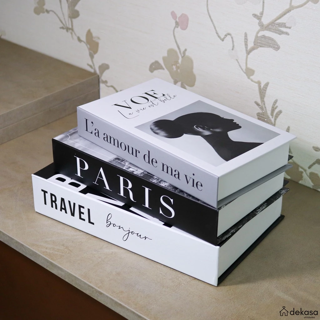 Livro Decorativo Fake Kit 3 Caixa Organizadora Porta Objetos Conjunto Modelo Paris