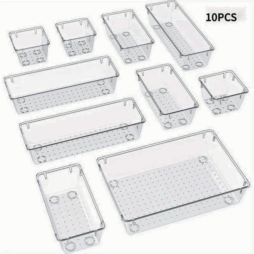 Kit 10 Organizadores Acrílico Transparente Empilhável Modular para Gavetas, Geladeiras Organização