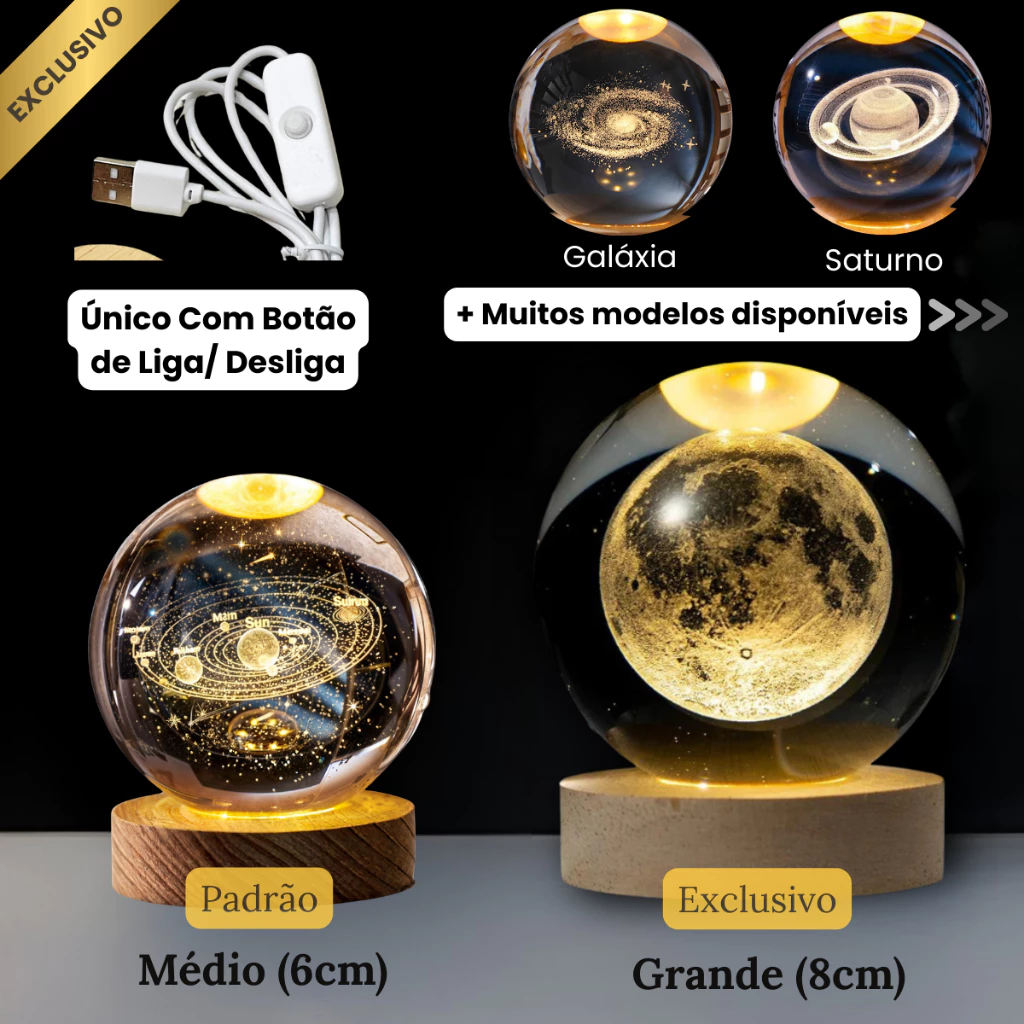 Luminária Bola de Cristal Led Mesa Globo Vidro 3d Base Madeira Decoração Abajur Presente Quarto Lua