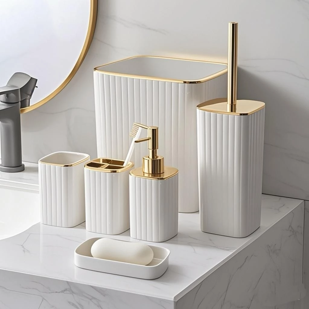 Kit Banheiro 6 Peças Conjunto Moderno Lavabo Completo com Escova Sanitário.