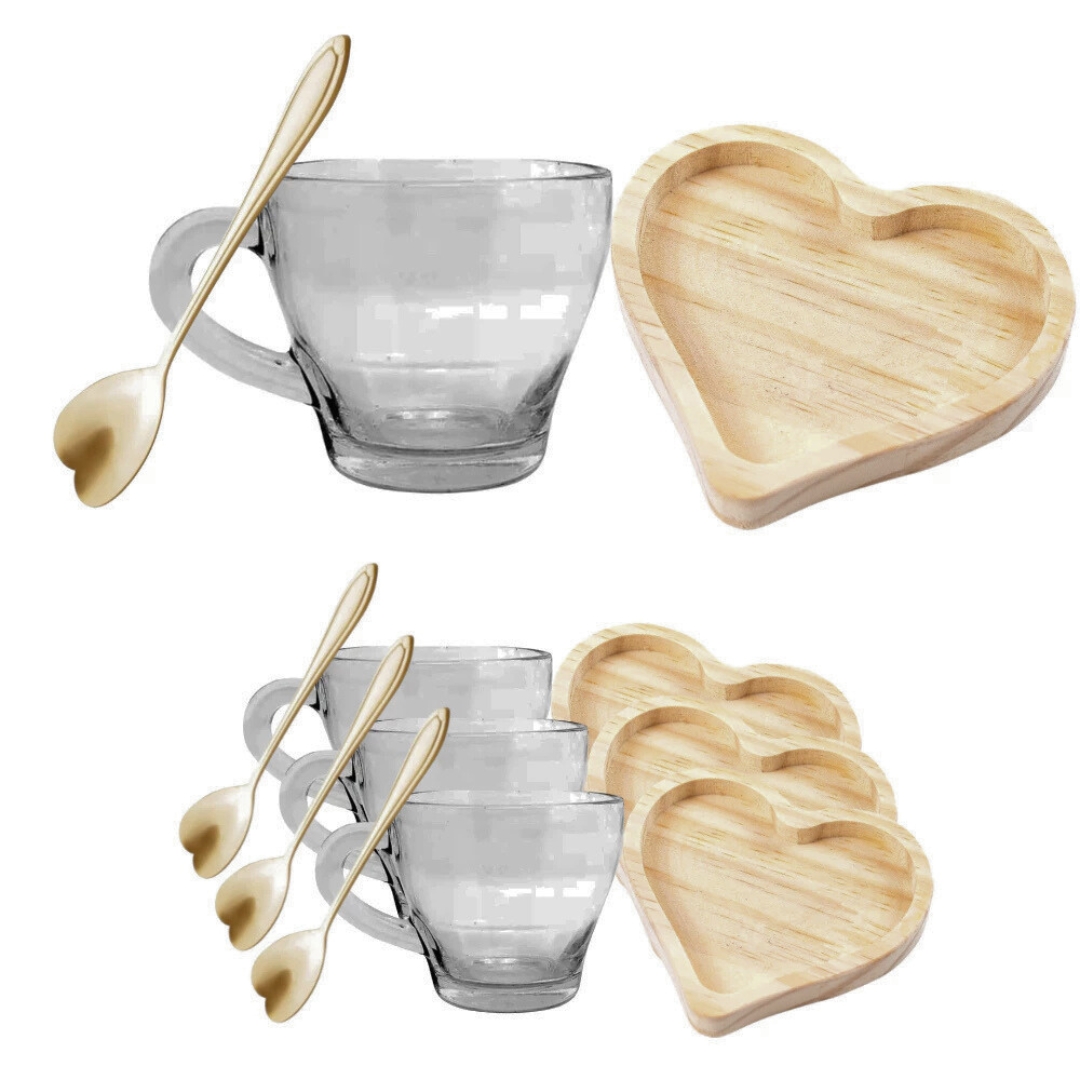 Kit Pires Coração + Xícaras Cafezinho + Colherzinha Dourada Rosê 12pç no Total