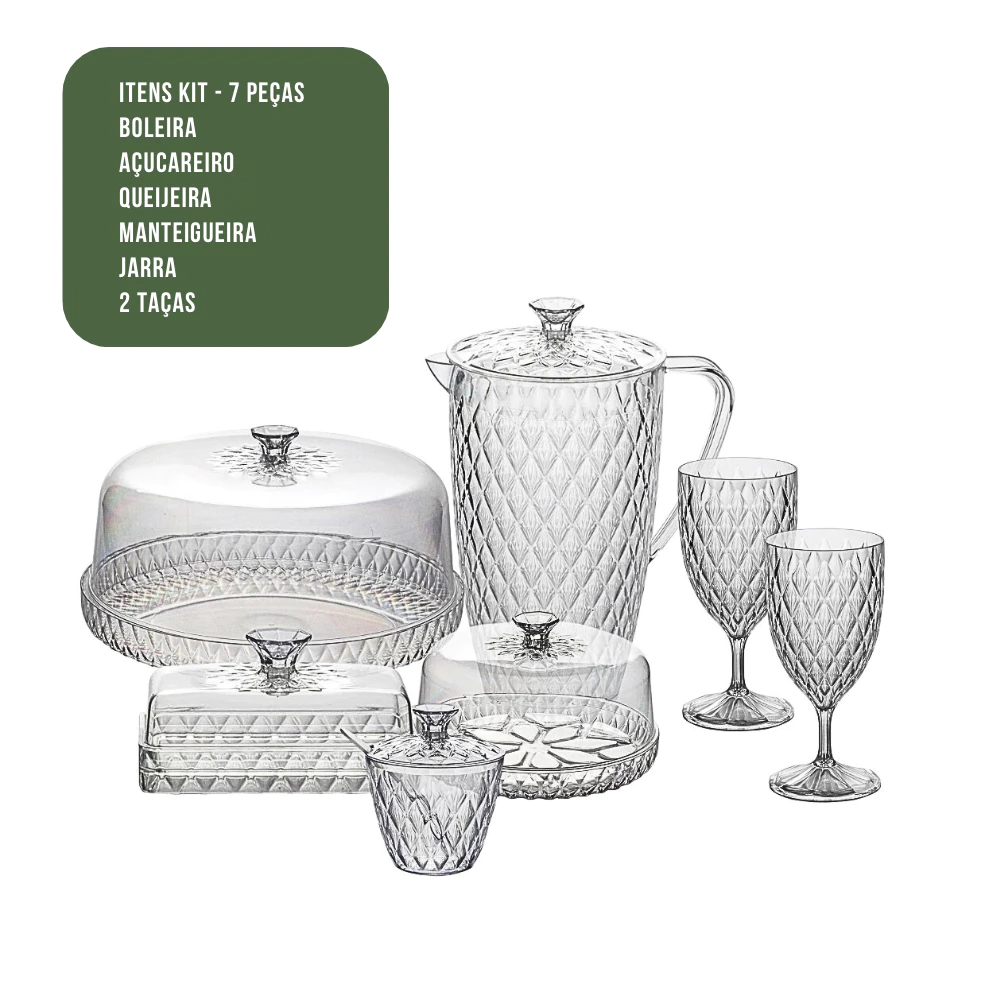 Kit Cozinha Glamour Jarra Queijeira Manteigueira Açucareiro Boleira Taça Café da Manhã Tarde Jantar