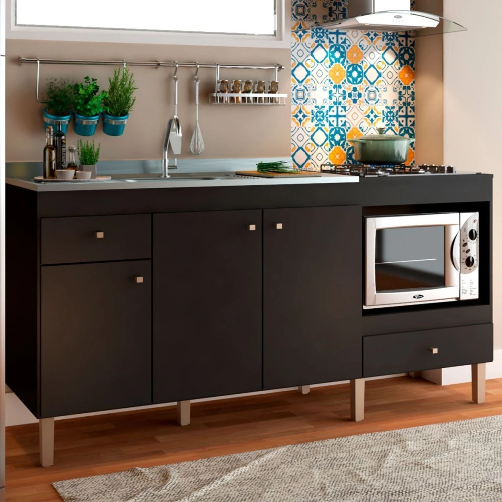mall inline badgeArmário de Cozinha Compacta para Pia 3 Portas 2 Gavetas Espaço para Forno e Cooktop Itália Preto - Panorama Móveis